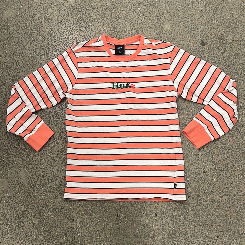 HUF Pink and White Long Sleeve Tee with Stripes